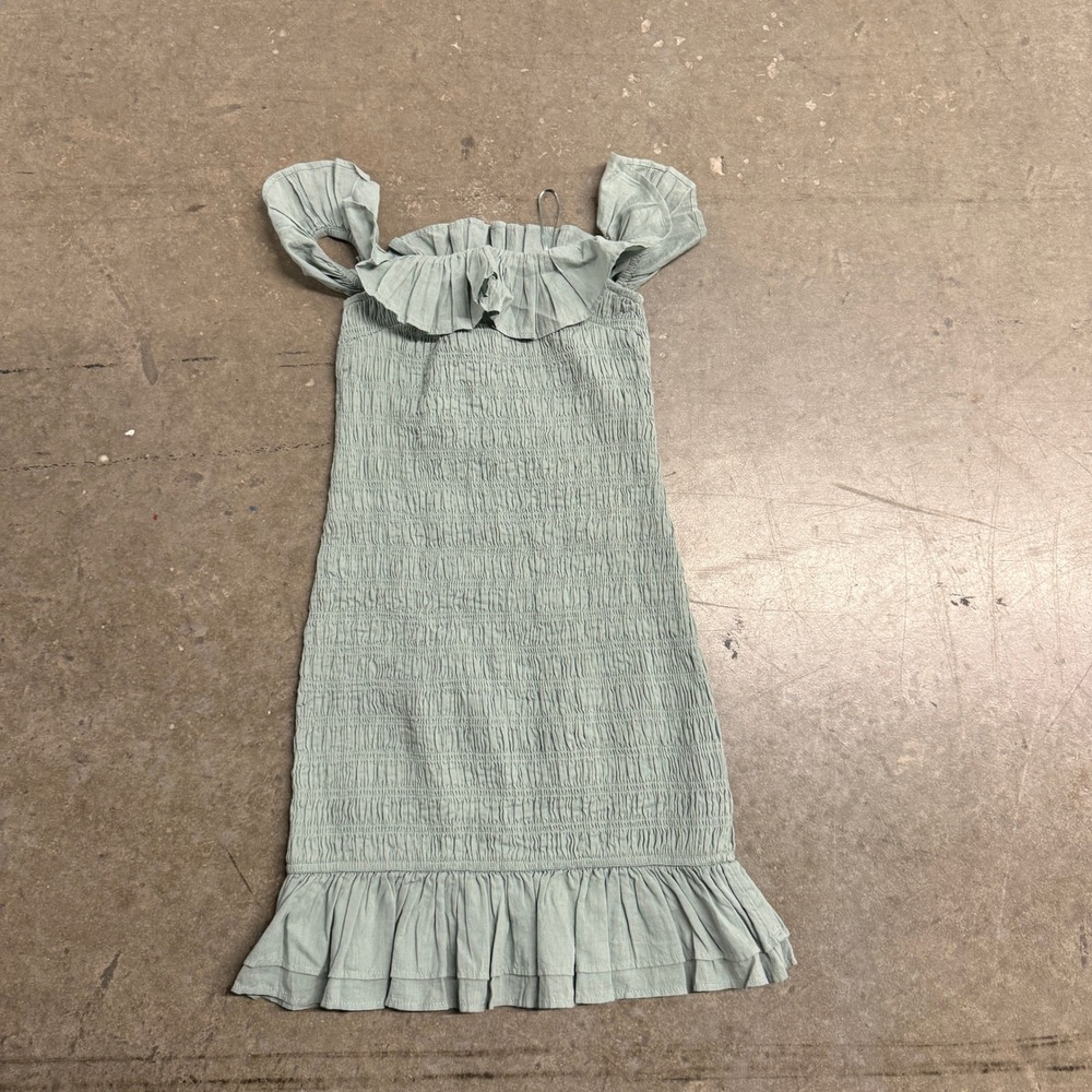 Abercrombie & Fitch Smocked Ruffle Off Shoulder Mini Dress Sage Green Small NWT
